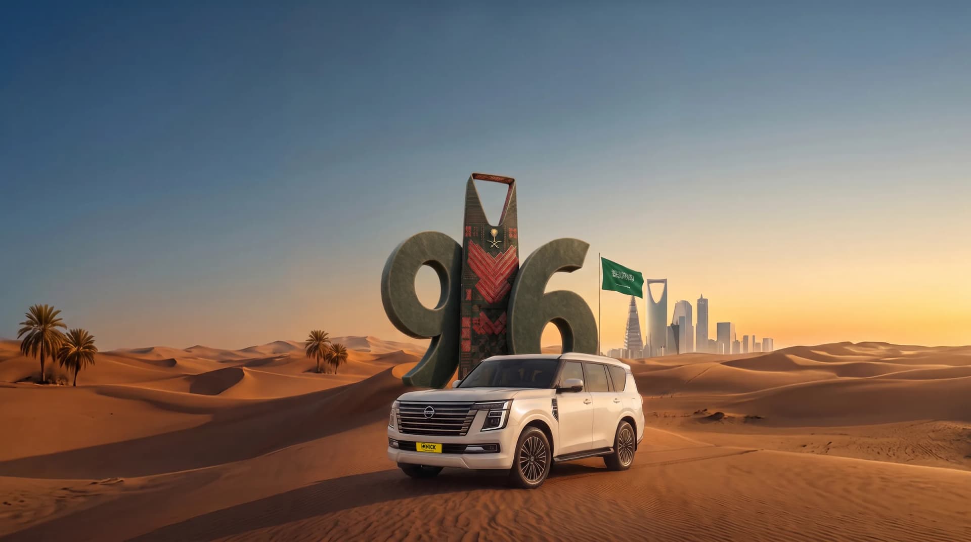 سيارة بيضاء أمام مجسم ٩٦ لليوم الوطني السعودي — عروض NICK الرياض